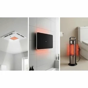 A visual comparison of different types of infrared bathroom heaters, including ceiling-mounted, wall-mounted, and portable models, highlighting their design differences.