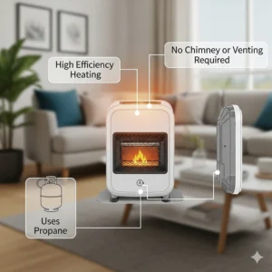 Illustration of a vent-free indoor propane heater, emphasizing its high efficiency and convenience as it requires no chimney or external venting for operation.