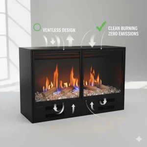 Graphic of a ventless double sided electric firebox, highlighting its clean, zero-emissions operation.