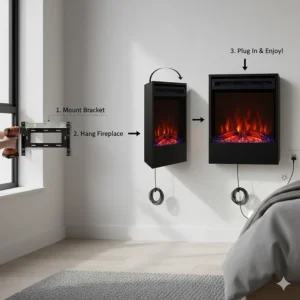 A diagram or photo showing the simple installation process for a vertical electric fireplace.