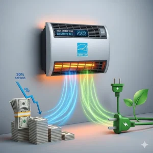 A graphic representation of an energy-efficient wall heater with an Energy Star rating, saving on electricity costs.