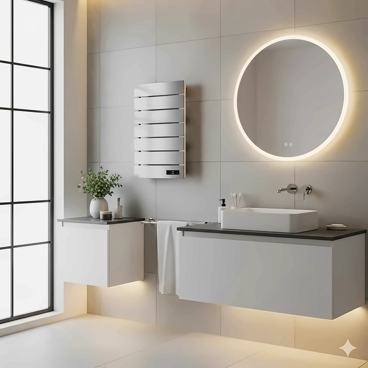A sleek, modern wall heater mounted in a well-lit, stylish bathroom, providing efficient warmth.