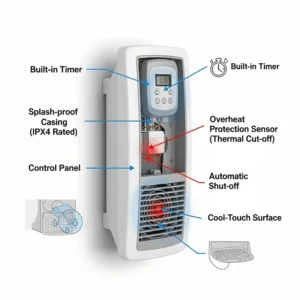 A diagram highlighting the safety features of a wall heater for bathrooms, including a built-in timer and overheat protection.