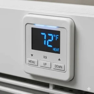 Close-up of an easy-to-use digital thermostat on a bathroom wall heater, allowing for precise temperature control.