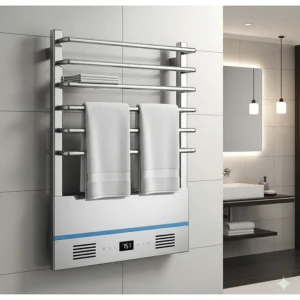 An illustration showing a dual-purpose wall heater that also functions as a heated towel rack.