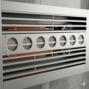 An image showcasing the grille design and ventilation system of a wall heater, optimized for distributing warmth evenly in a humid environment.