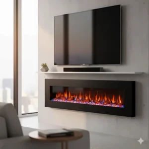 Close-up of a wall-mounted linear electric fireplace installed beneath a TV, showing the minimalist design.
