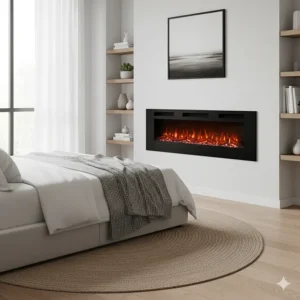 A stylish, ultra-thin wall mount electric fireplace in a contemporary bedroom, highlighting its space-saving design and clean aesthetic.