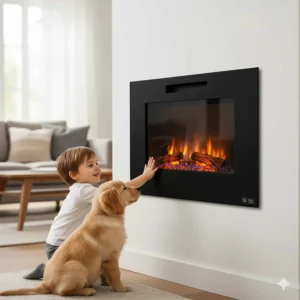 An image highlighting the cool-to-the-touch glass of a wall mount electric fireplace, emphasizing its safety features for homes with children and pets.