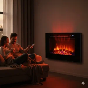 A cozy living area with a wall mount electric fireplace actively heating the room, emphasizing its functional heater and thermostat control.