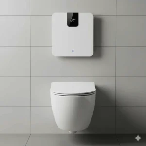 A compact, space-saving wall-mounted bathroom heater installed safely above the toilet, demonstrating an ideal fixed heating solution.