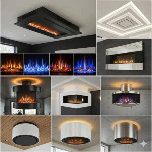 An illustration showing the simple installation of a wall-mounted electric fireplace in a contemporary space.