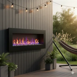 Sleek, black, wall-mounted outdoor electric fireplace installed on an exterior deck wall, saving floor space.