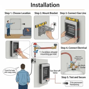 Diagram showing the simple, straightforward installation process for a wall-mounted indoor propane heater, perfect for permanent, space-saving heating in a living room or cabin.