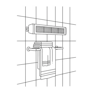 An illustration showing a slim, wall-mounted heater installed in a small bathroom to save floor space.
