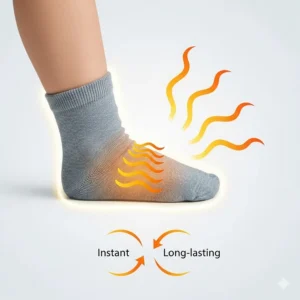 An infographic-style illustration of a child's foot with a radiating heat symbol, visually representing the instant and long-lasting warmth provided by the heated socks.