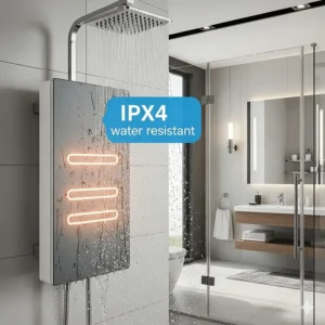 A visual representation of a bathroom heater's IPX4 water-resistant rating, essential for safety in humid environments.