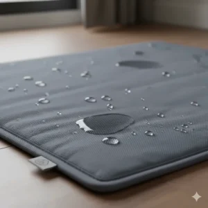 Close-up of a durable, waterproof fabric on an electric heated pet mat.