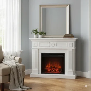 Elegant white mantel corner electric fireplace with realistic flame effects.