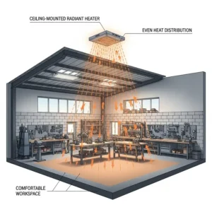 A diagram illustrating a workshop with a ceiling-mounted heater positioned to provide uniform warmth, perfect for a comfortable and productive workspace.