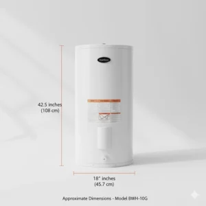 Diagram showing the exact height and diameter dimensions of a standard 10 gallon electric water heater.