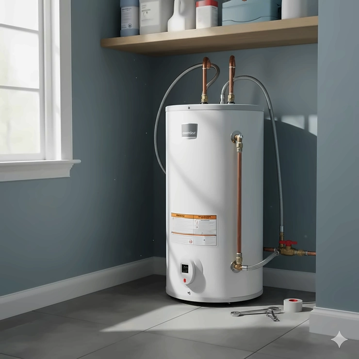 A compact, white 10 gallon electric water heater installed in a small utility closet, perfect for point-of-use applications.