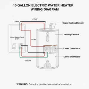 Simplified wiring diagram for safely connecting a 10 gallon electric water heater to the power supply.