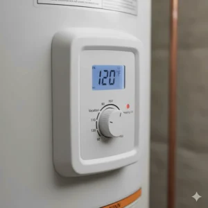 Adjustable thermostat and temperature controls on the exterior of the small electric water heater.