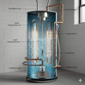 Internal diagram showing the heating elements and anode rod within a standard 30 gallon electric water heater.