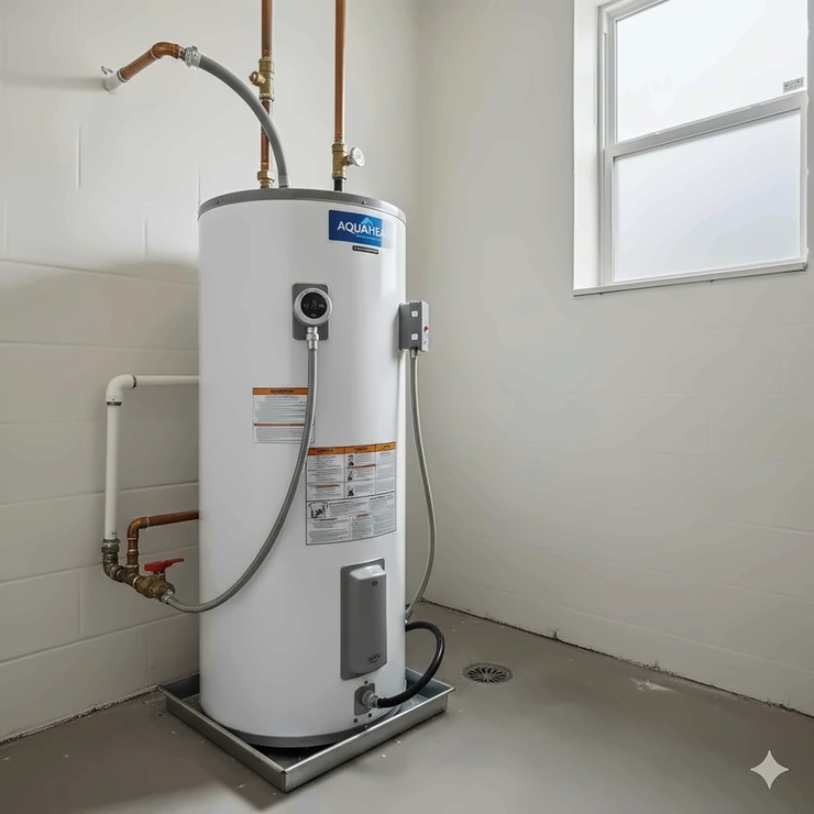 A new 30 gallon electric water heater professionally installed in a utility closet, ready for service.