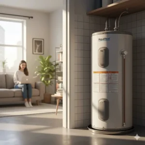 A compact 30 gallon water heater is shown, ideal for a small home, condo, or apartment application.