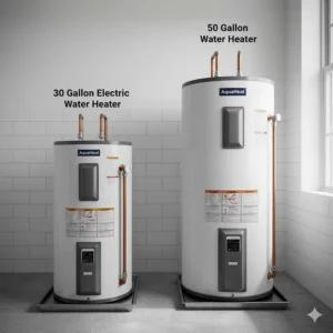 Side-by-side comparison of a 30 gallon electric water heater next to a larger 50-gallon unit, highlighting the size difference.