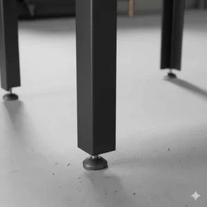 Detail of the adjustable leveling feet on the bottom of the 18 inch hot water heater stand for stable installation on uneven surfaces.