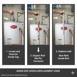 Visual guide on inspecting and replacing the anode rod in a 30 gallon hot water heater tank.