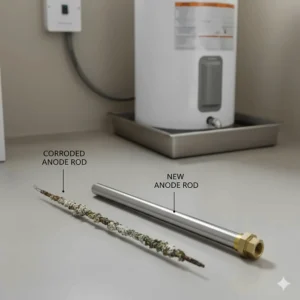 Corroded sacrificial anode rod removed from a mobile home hot water heater next to a new one for comparison.