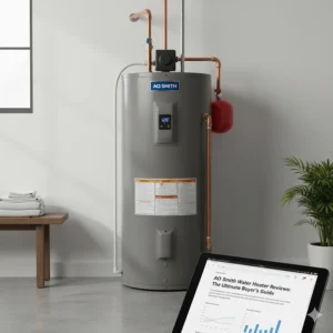 An image showing a new AO Smith electric tank water heater installed in a basement, highlighting its compact design.