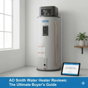 The tall, cylindrical AO Smith hybrid heat pump water heater, an efficient option discussed in many AO Smith water heater reviews.