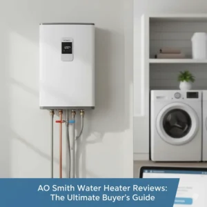 A close-up of a wall-mounted AO Smith tankless water heater; excellent for space-saving according to AO Smith water heater reviews.