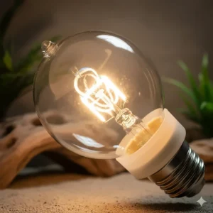 Close-up of a mercury vapor reptile heat light basking bulb used for UV and heat.