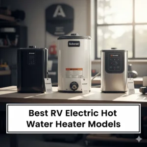 Comparison shot of the best RV electric hot water heater models from popular brands.