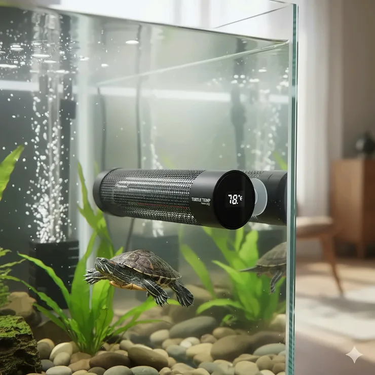 A submersible turtle water heater with a protective cage installed securely in a large turtle aquarium, maintaining the ideal water temperature for a happy pet turtle.