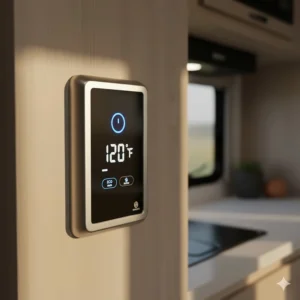 The digital control panel for an on-demand camper water heater showing the current temperature setting.