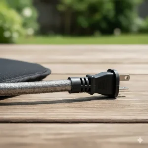 Detail of a heavy-duty, steel-wrapped safety cord for an electric cat outdoor heating pad.