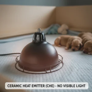 Ceramic heat emitter (CHE), a safe and common alternative to a traditional heat lamp for puppies, that provides warmth without visible light.