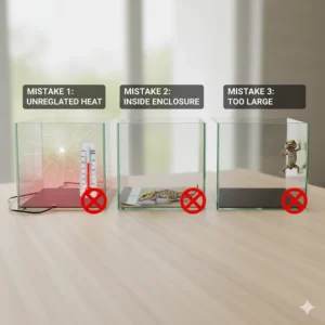 Diagram illustrating common reptile heat mat safety mistakes, such as using an unregulated pad or placing it inside the enclosure.