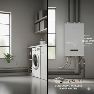 Image showing the relatively compact size and space-saving design of a modern condensing water heater.