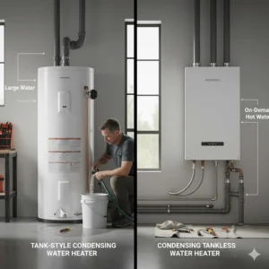 Homeowner performing routine maintenance or flushing the tank of a condensing water heater.