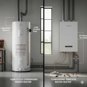 Comparison of a tank-style condensing water heater and a condensing tankless water heater model.