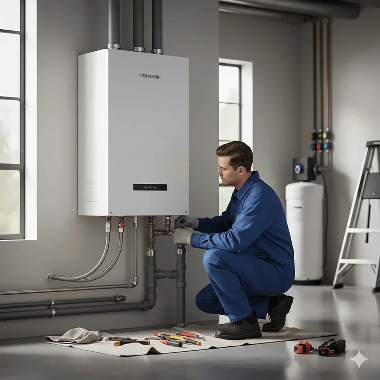 Condensing water heater unit being installed by a technician, showing its high-efficiency design.