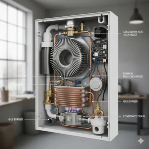 Close-up view of the components inside a condensing water heater, including the secondary heat exchanger.